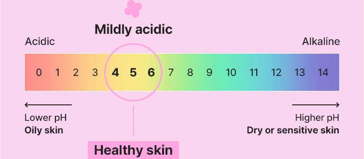 0:Acidic(Lower pH:Oily skin) ~ 4-6:Mildly acidic(Healthy skin) ~ 14:Alkaline(Higher pH:Dry or sensitive skin)