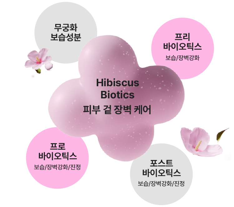 Hibiscus Biotics/피부 겉 장벽 케어 : 무궁화 보습성분, 프리 바이오틱스 보습/장벽강화, 포스트 바이오틱스 보습/장벽강화/진정, 프로 바이오틱스 보습/장벽강화/진정